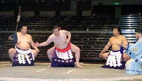 Taiho strikes pose in red yokozuna to mark 60th birthday